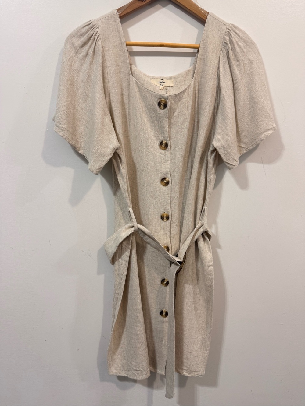 Entro Beige Linen Square Neck Puff Sleeve Button Front Mini Dress Size L